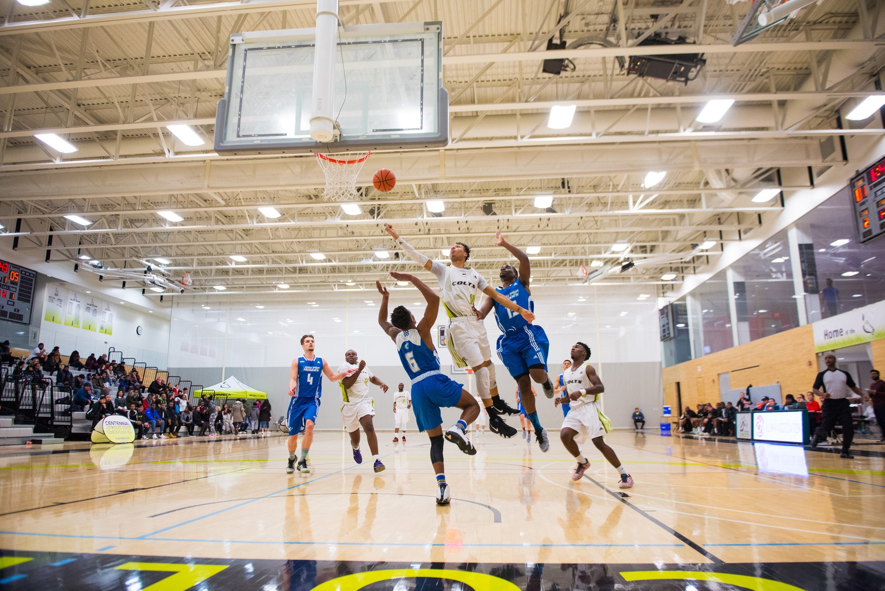 Kendell Wilson goes up for a layup during first quarter action between the Centennial Colts and the George Brown Huskies at the Athletic and Wellness Centre. The Colts fell in a gritty affair, 80-71, against the Huskies, snapping their three game winning streak. (Yvano Antonio/Colts Athletics)