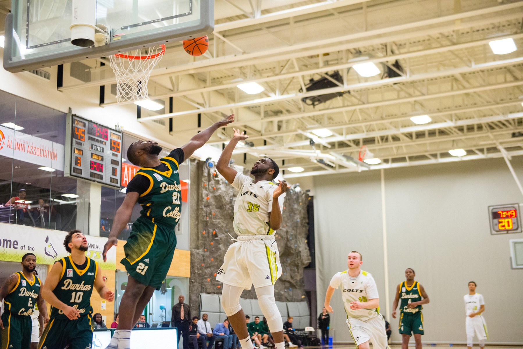 Walshak Yusef of the Centennial Colts goes up for a floater during fourth quarter action against the Durham Lords in what was the regular season finale at the Athletic and Wellness Centre. Despite scoring 16 first half points, Yusef's scoring was not enough for the Colts, as they fell, 81-64. (Yvano Antonio/Colts Athletics)