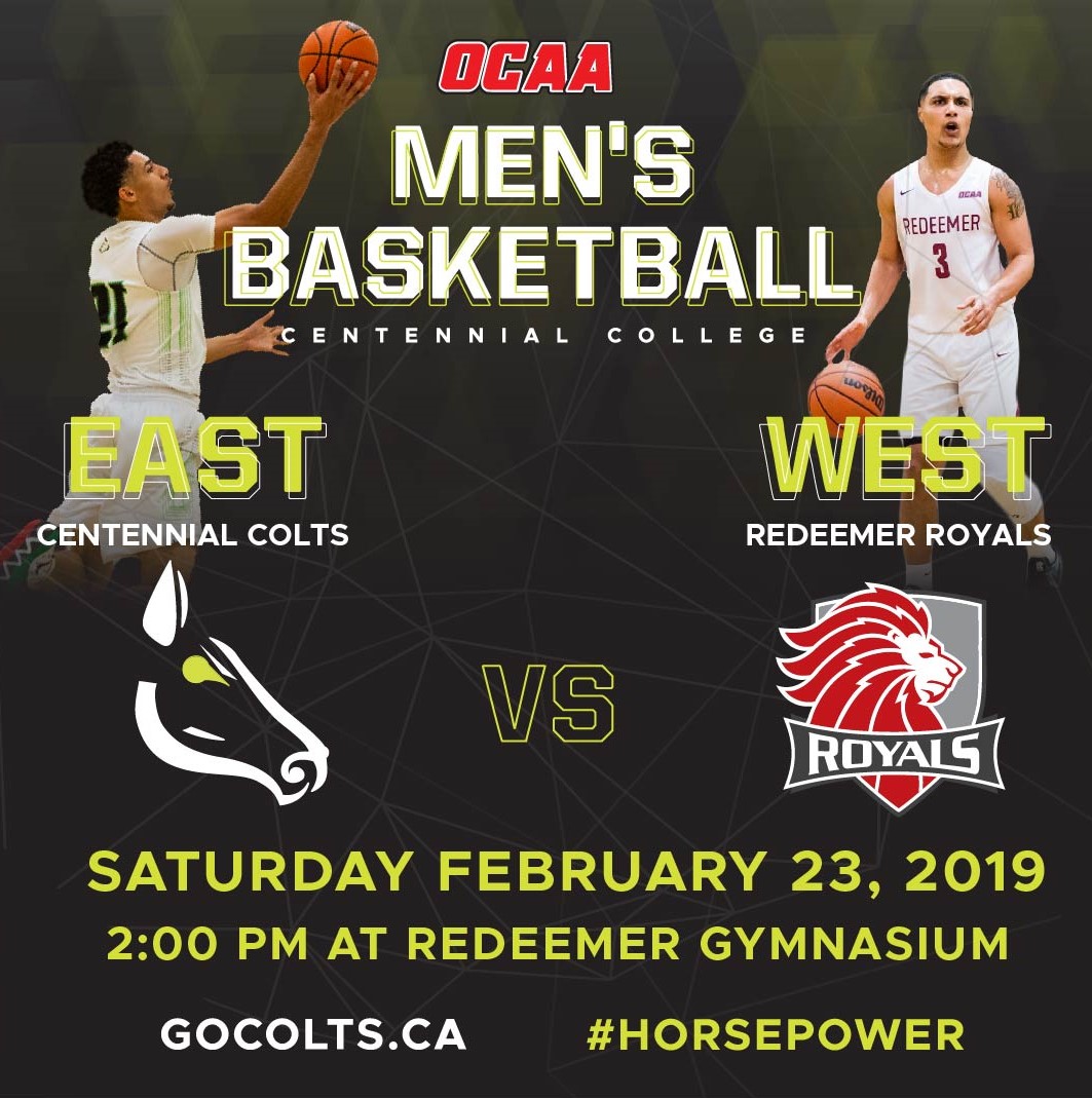 Centennial Colts vs Redeemer Royals. A trip to the OCAA Championships is at stake as the two teams battle it out Saturday afternoon at Redeemer Gymnasium.

Pictured from left to right: Kyrin Henlin (Centennial), Elijah Lostracco (Redeemer)