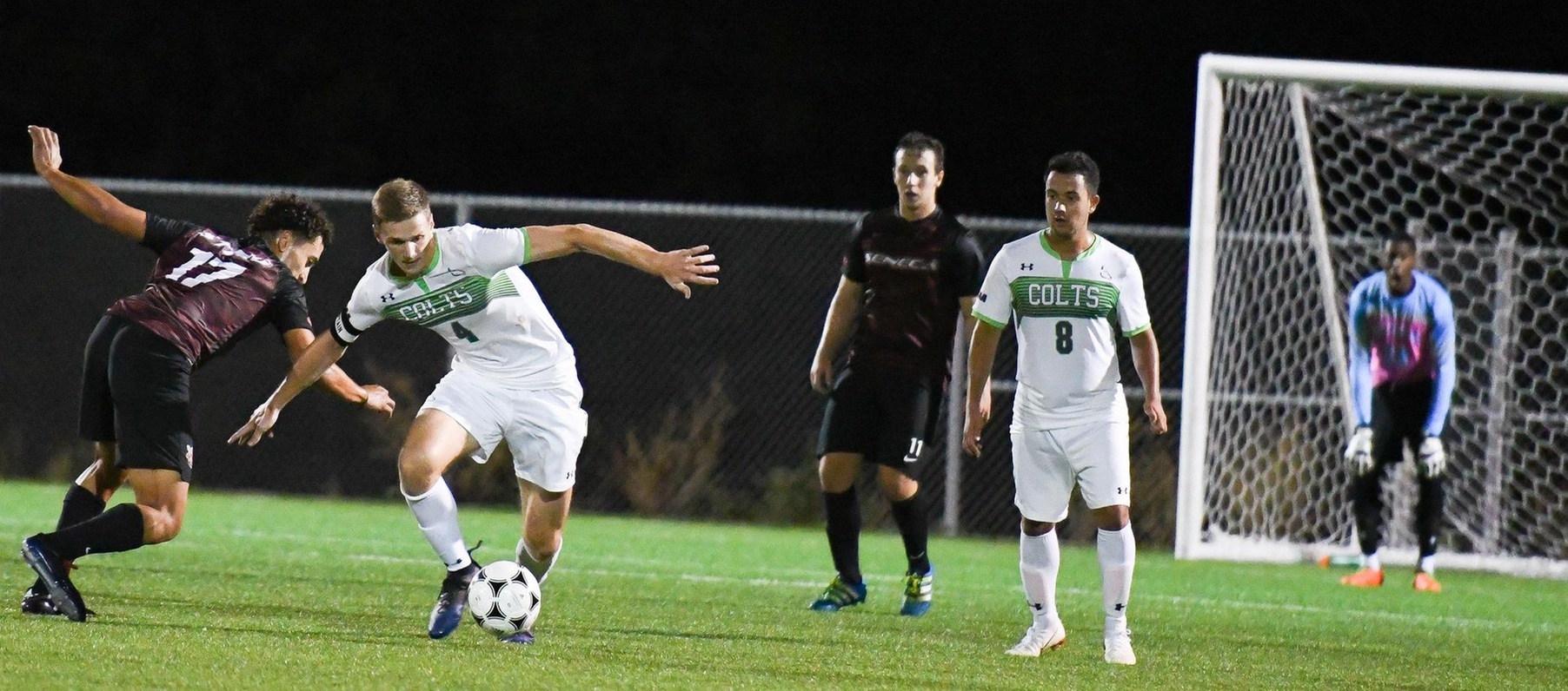 Centennial Colts defender Ostap Hamarnyk makes a move on Seneca Sting defender Gianlouis Marinucci-Mayta as others look on during the second half of what turned out to be a 0-0 game between the two teams at Progress Turf Field. (Khree Fearman/Colts Media)
