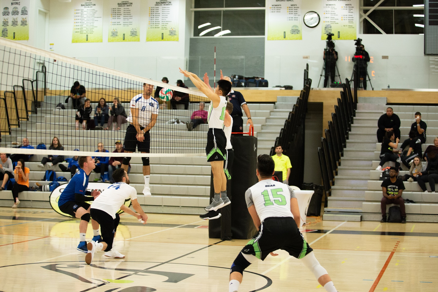 Timothy Ho and Matthew Wallace go up for the block during game action at the Athletic and Wellness Centre against the Georgian Grizzlies (Nicole Ventura/Colts Media).