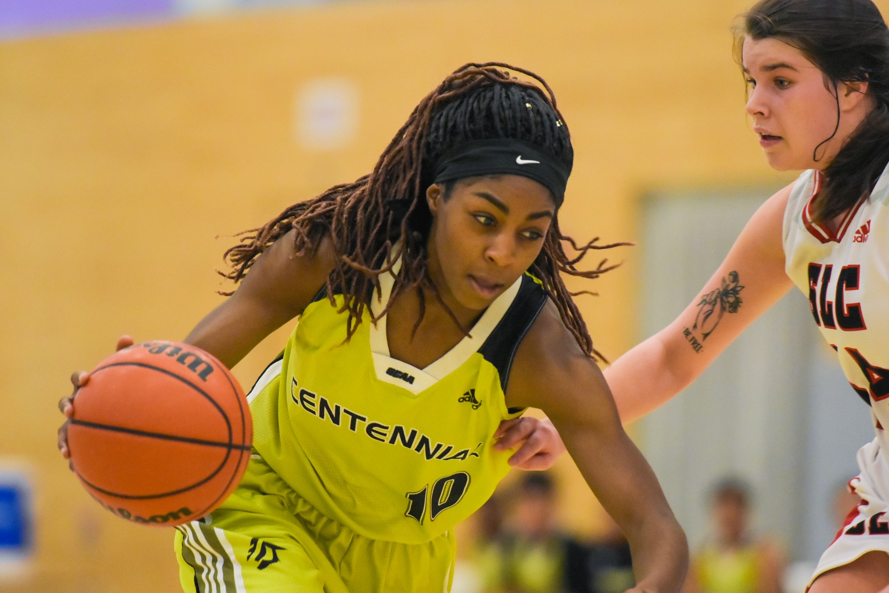 Centennial Colts forward Yasmeen Smith drives to the rim against St. Lawrence Vikings forward Kassie Dewolfe during first half action at Athletic and Wellness Centre. Despite Smith's career high 39 points, the Colts blew a 16 point fourth quarter lead and fell to the Vikings, 89-83, in overtime. (Yvano Antonio/ Colts Athletics)