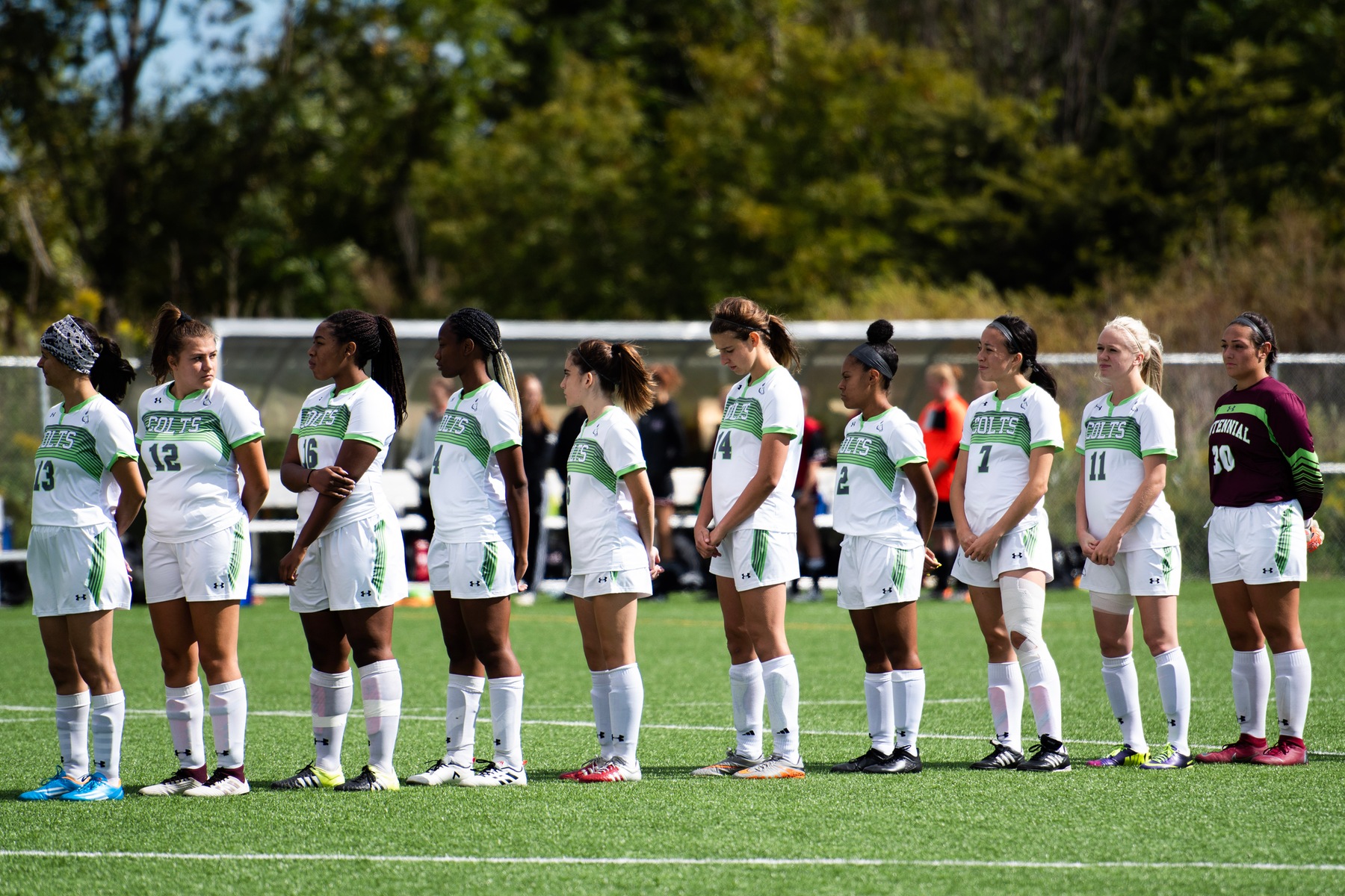 The Centennial Colts stand in line before their game against the St. Lawrence Vikings. Despite an aggressive start to the game, the Colts were defeated, 2-0, by the Vikings at Progress Turf Field. (Via Dulay/Sports Information Officer)