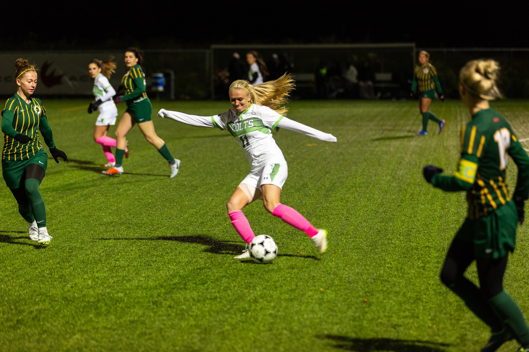 Centennial's Jessica Friend ended the regular season in dramatic fashion with a game winning goal in the final seconds as the Colts beat the Fleming Knights, 3-2, on a chilly Wednesday night at Progress Turf Field. (John Theurer/Colts Media)