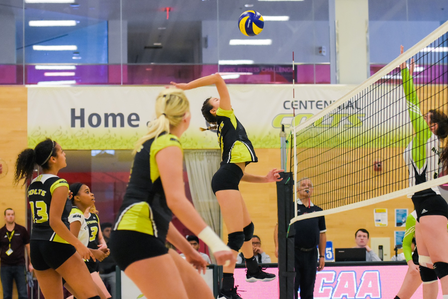 All eyes are on Centennial's Emily Joe as she goes up for one of her 15 kills. Joe had four kills in the fourth set as the Colts gave the Algonquin Thunder its first loss of the season, winning in four sets at the Athletic and Wellness Centre. (Yvano Antonio/ Colts Athletics)