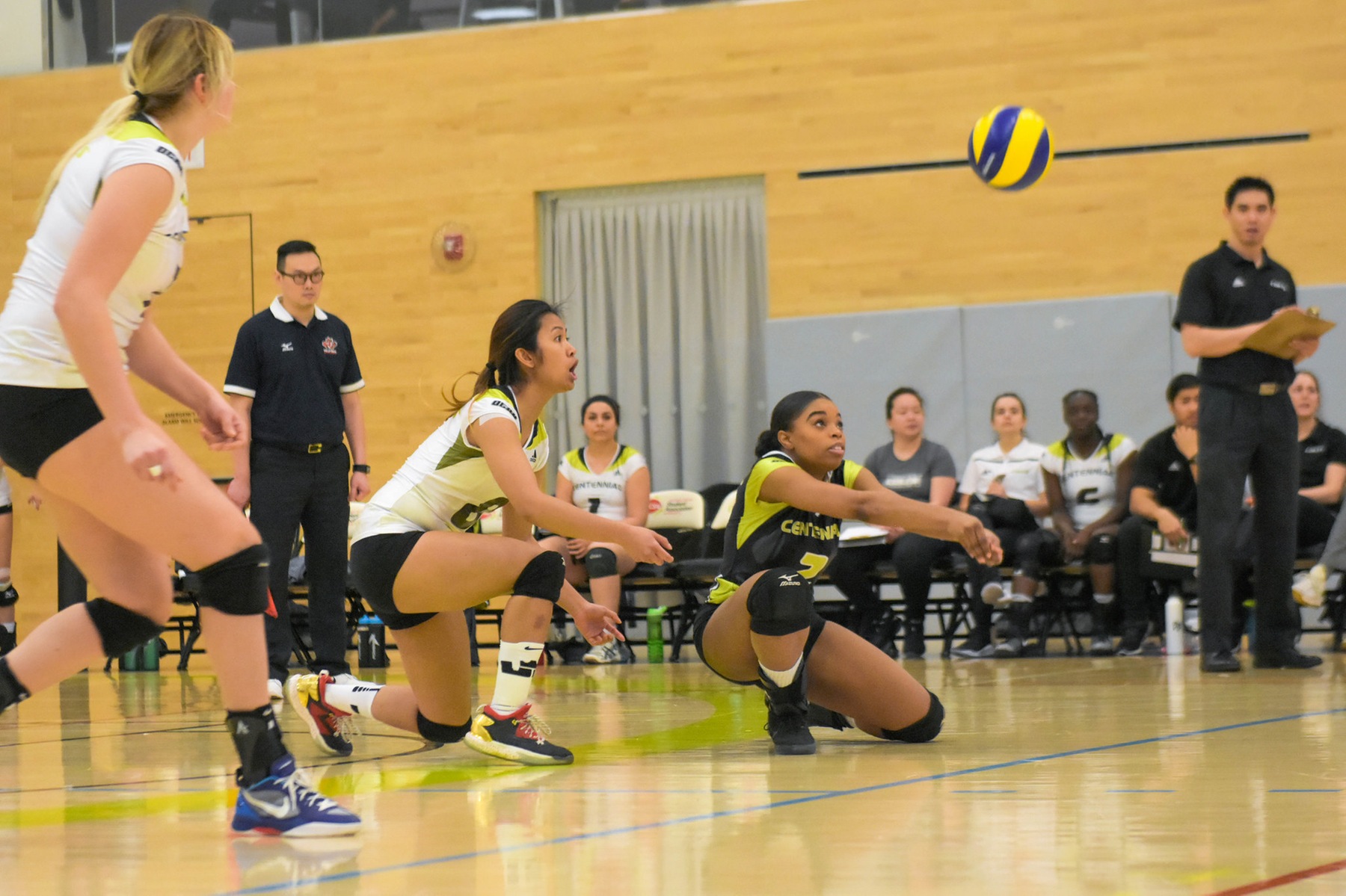 All eyes are on the ball as Kadeisha Powell-Graham goes for it after a kill attempt from the Canadore Panthers as Heather Sanchez provides backup during the Centennial Colts' final regular season home game. (Mariam Konate/Colts Athletics)

